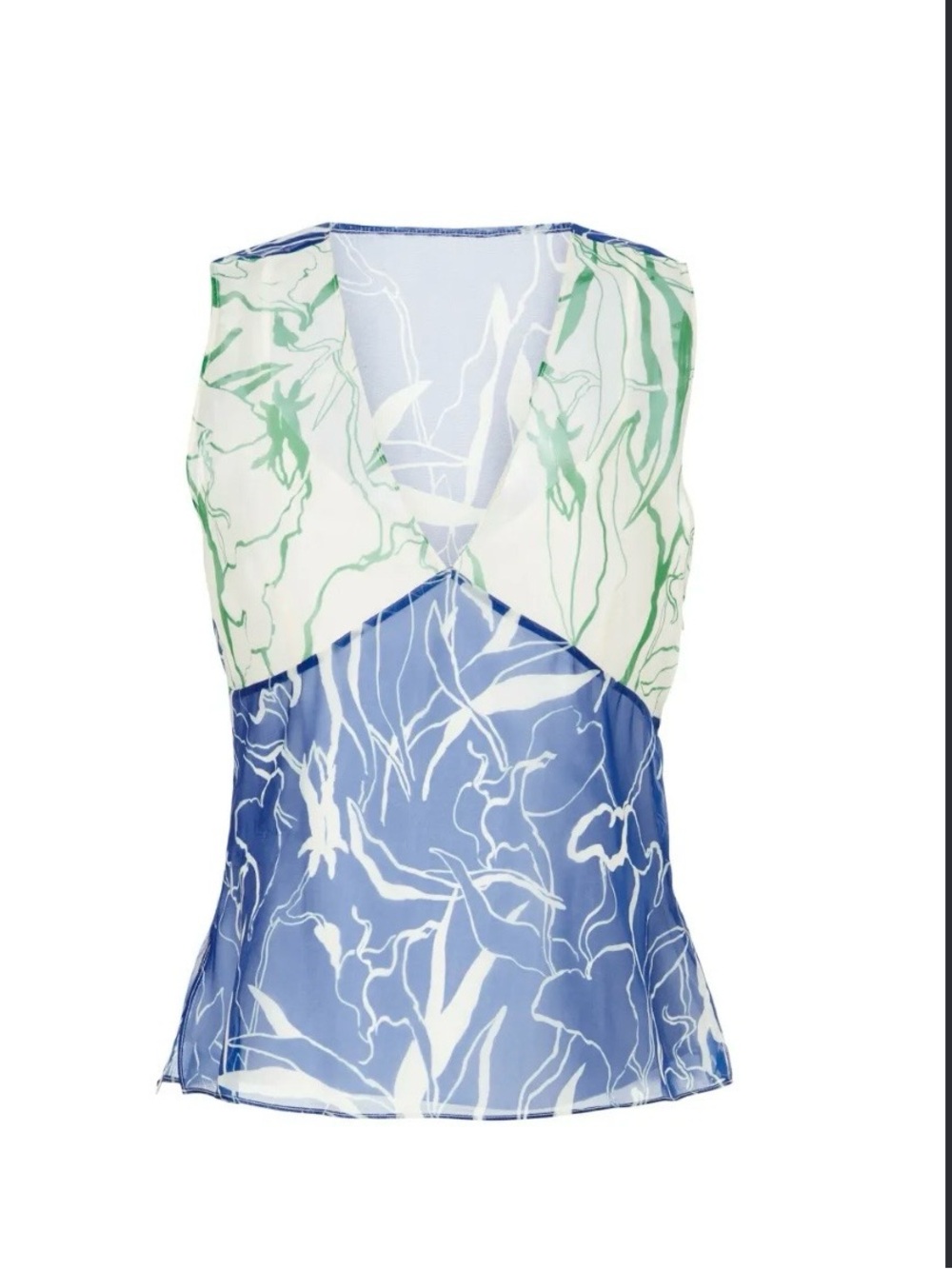 Marina Moscone Collective Floral Sheer V Neck Sleeveless Top Blue Green Sz 14